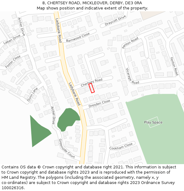 8, CHERTSEY ROAD, MICKLEOVER, DERBY, DE3 0RA: Location map and indicative extent of plot