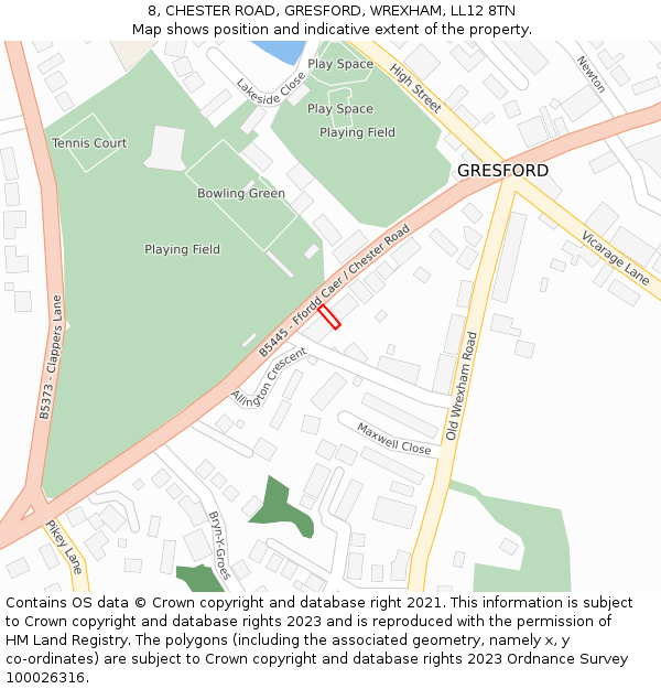 8, CHESTER ROAD, GRESFORD, WREXHAM, LL12 8TN: Location map and indicative extent of plot