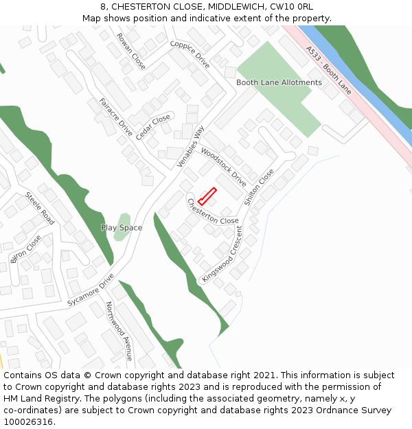 8, CHESTERTON CLOSE, MIDDLEWICH, CW10 0RL: Location map and indicative extent of plot