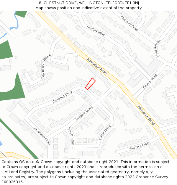 8, CHESTNUT DRIVE, WELLINGTON, TELFORD, TF1 3NJ: Location map and indicative extent of plot