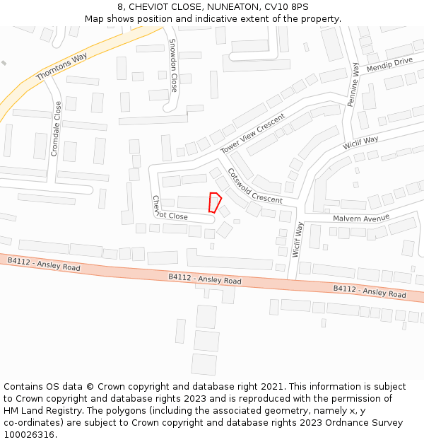 8, CHEVIOT CLOSE, NUNEATON, CV10 8PS: Location map and indicative extent of plot