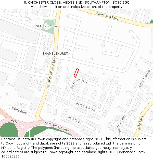 8, CHICHESTER CLOSE, HEDGE END, SOUTHAMPTON, SO30 2GQ: Location map and indicative extent of plot