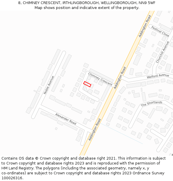 8, CHIMNEY CRESCENT, IRTHLINGBOROUGH, WELLINGBOROUGH, NN9 5WF: Location map and indicative extent of plot