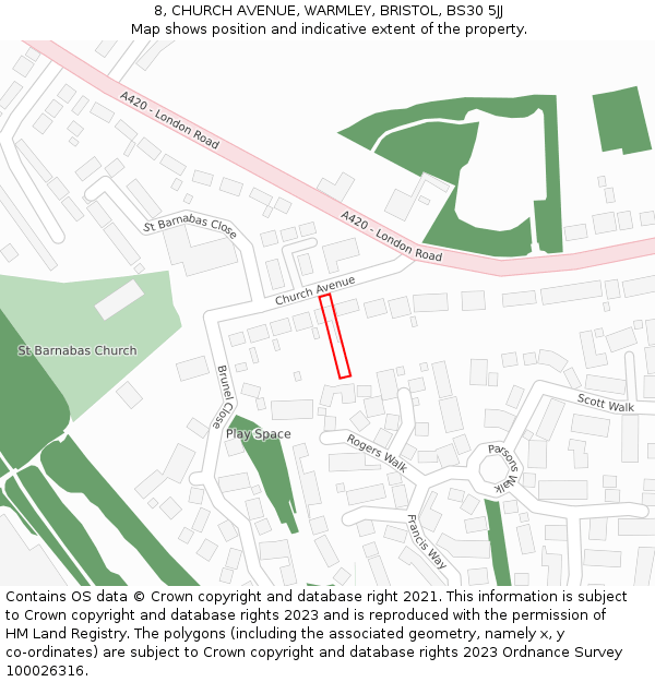 8, CHURCH AVENUE, WARMLEY, BRISTOL, BS30 5JJ: Location map and indicative extent of plot