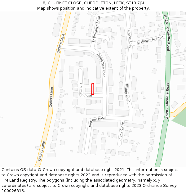 8, CHURNET CLOSE, CHEDDLETON, LEEK, ST13 7JN: Location map and indicative extent of plot