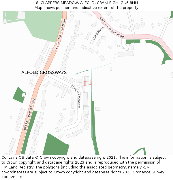 8, CLAPPERS MEADOW, ALFOLD, CRANLEIGH, GU6 8HH: Location map and indicative extent of plot