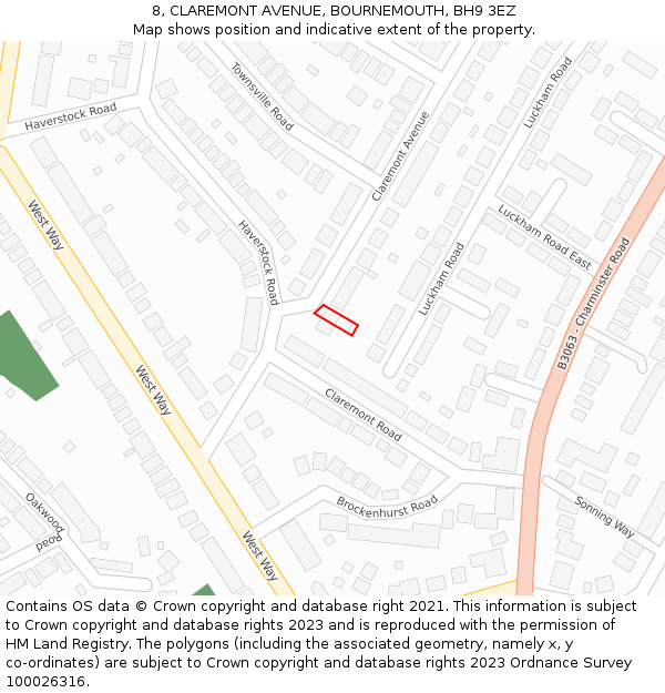 8, CLAREMONT AVENUE, BOURNEMOUTH, BH9 3EZ: Location map and indicative extent of plot