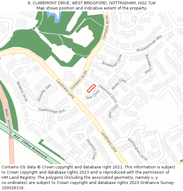 8, CLAREMONT DRIVE, WEST BRIDGFORD, NOTTINGHAM, NG2 7LW: Location map and indicative extent of plot