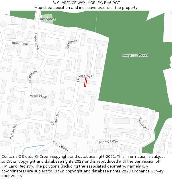 8, CLARENCE WAY, HORLEY, RH6 9GT: Location map and indicative extent of plot