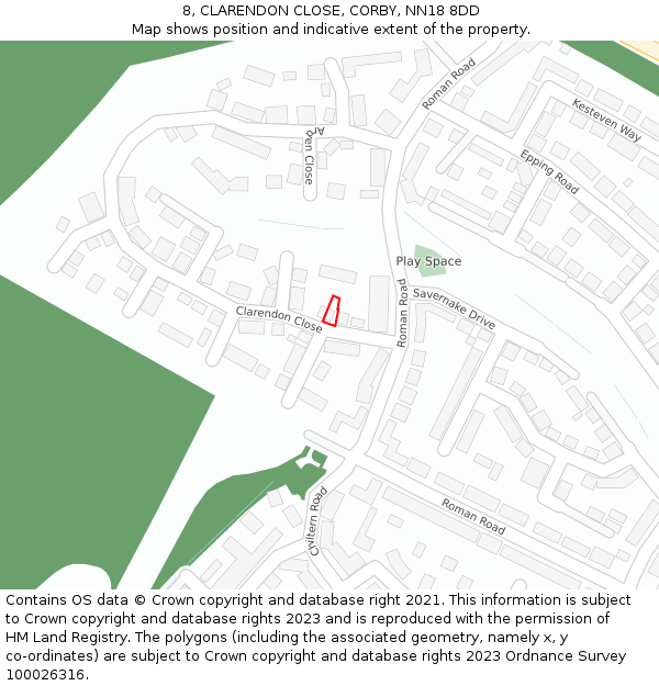 8, CLARENDON CLOSE, CORBY, NN18 8DD: Location map and indicative extent of plot