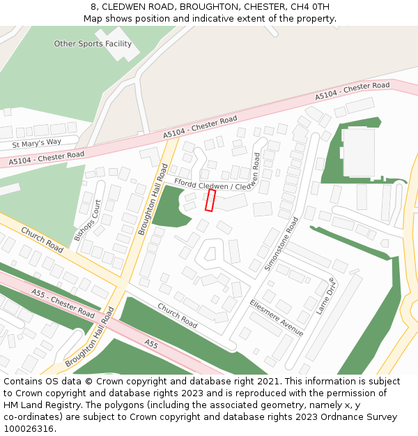 8, CLEDWEN ROAD, BROUGHTON, CHESTER, CH4 0TH: Location map and indicative extent of plot