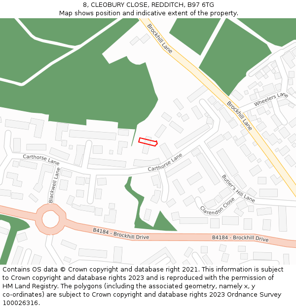 8, CLEOBURY CLOSE, REDDITCH, B97 6TG: Location map and indicative extent of plot