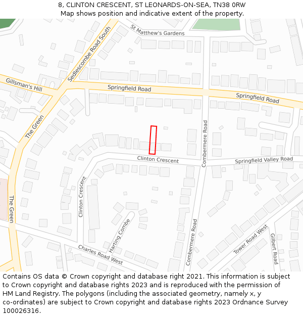 8, CLINTON CRESCENT, ST LEONARDS-ON-SEA, TN38 0RW: Location map and indicative extent of plot