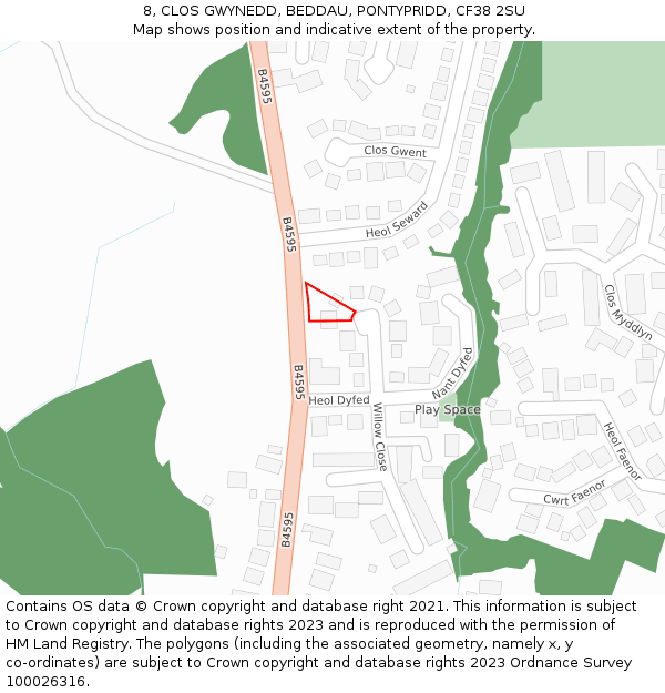 8, CLOS GWYNEDD, BEDDAU, PONTYPRIDD, CF38 2SU: Location map and indicative extent of plot