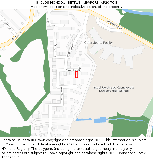 8, CLOS HONDDU, BETTWS, NEWPORT, NP20 7GG: Location map and indicative extent of plot