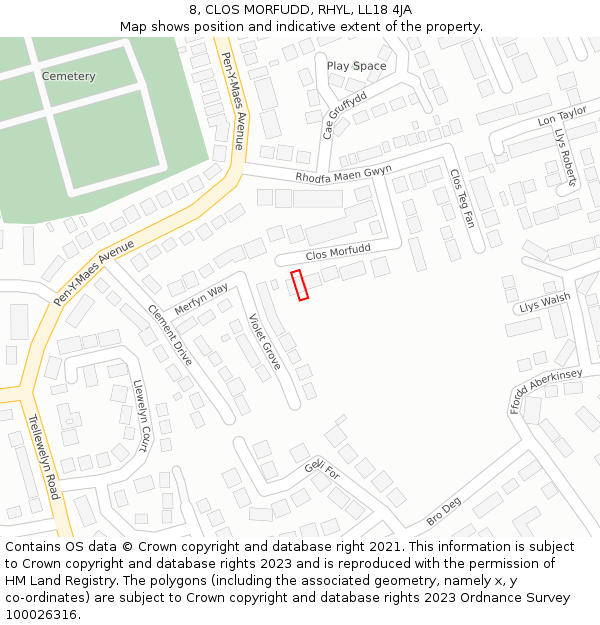 8, CLOS MORFUDD, RHYL, LL18 4JA: Location map and indicative extent of plot