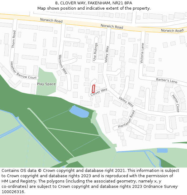 8, CLOVER WAY, FAKENHAM, NR21 8PA: Location map and indicative extent of plot