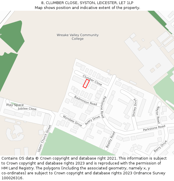 8, CLUMBER CLOSE, SYSTON, LEICESTER, LE7 1LP: Location map and indicative extent of plot