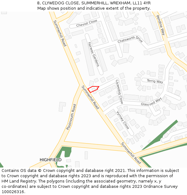 8, CLYWEDOG CLOSE, SUMMERHILL, WREXHAM, LL11 4YR: Location map and indicative extent of plot