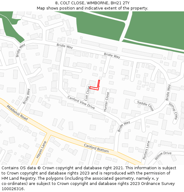 8, COLT CLOSE, WIMBORNE, BH21 2TY: Location map and indicative extent of plot