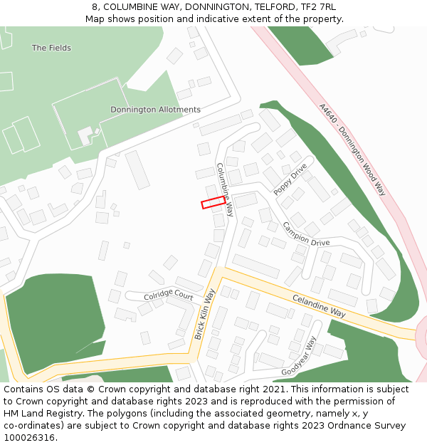 8, COLUMBINE WAY, DONNINGTON, TELFORD, TF2 7RL: Location map and indicative extent of plot