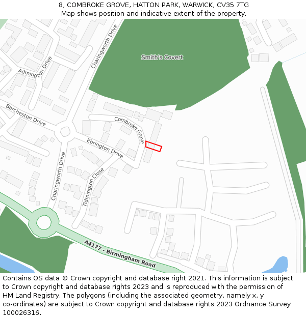 8, COMBROKE GROVE, HATTON PARK, WARWICK, CV35 7TG: Location map and indicative extent of plot