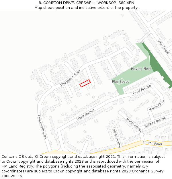 8, COMPTON DRIVE, CRESWELL, WORKSOP, S80 4EN: Location map and indicative extent of plot