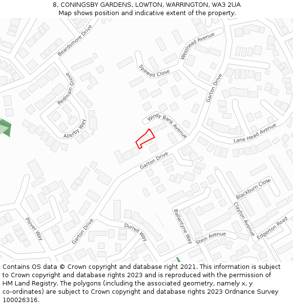 8, CONINGSBY GARDENS, LOWTON, WARRINGTON, WA3 2UA: Location map and indicative extent of plot