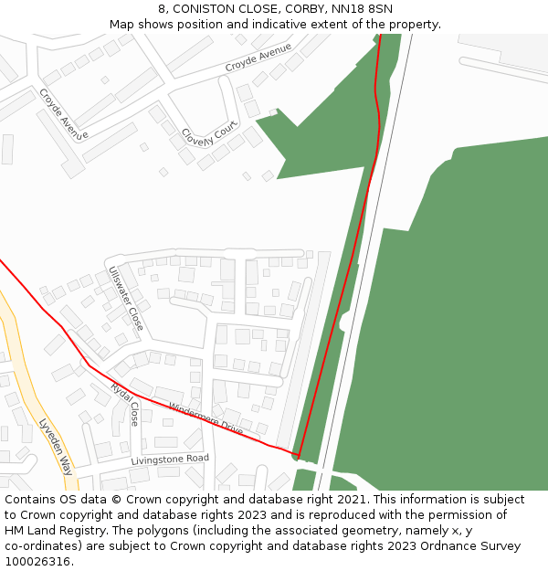 8, CONISTON CLOSE, CORBY, NN18 8SN: Location map and indicative extent of plot