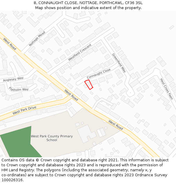 8, CONNAUGHT CLOSE, NOTTAGE, PORTHCAWL, CF36 3SL: Location map and indicative extent of plot