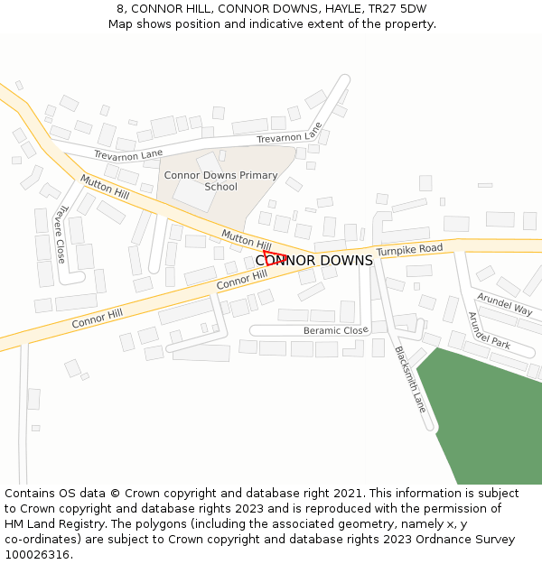 8, CONNOR HILL, CONNOR DOWNS, HAYLE, TR27 5DW: Location map and indicative extent of plot