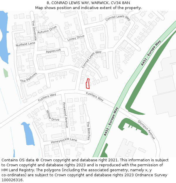 8, CONRAD LEWIS WAY, WARWICK, CV34 8AN: Location map and indicative extent of plot