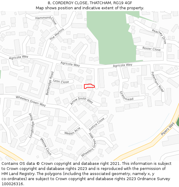 8, CORDEROY CLOSE, THATCHAM, RG19 4GF: Location map and indicative extent of plot