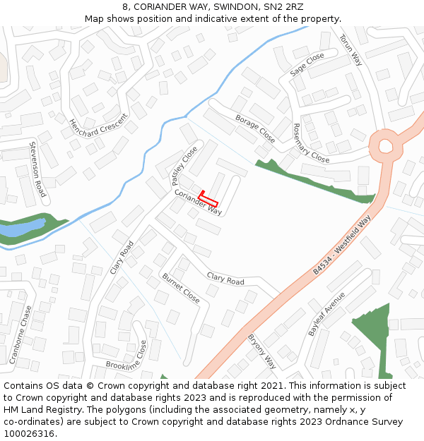 8, CORIANDER WAY, SWINDON, SN2 2RZ: Location map and indicative extent of plot