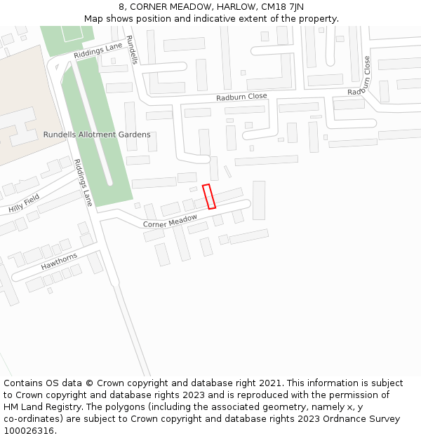 8, CORNER MEADOW, HARLOW, CM18 7JN: Location map and indicative extent of plot