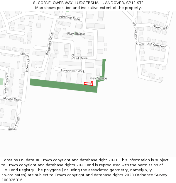 8, CORNFLOWER WAY, LUDGERSHALL, ANDOVER, SP11 9TF: Location map and indicative extent of plot