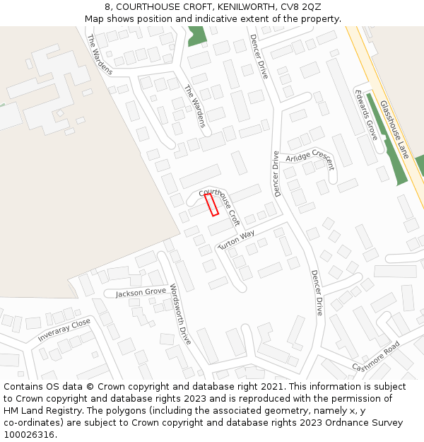 8, COURTHOUSE CROFT, KENILWORTH, CV8 2QZ: Location map and indicative extent of plot