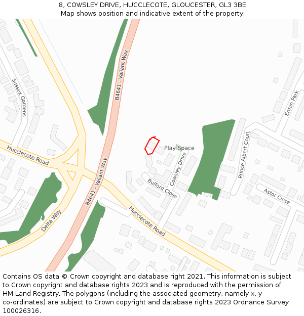 8, COWSLEY DRIVE, HUCCLECOTE, GLOUCESTER, GL3 3BE: Location map and indicative extent of plot