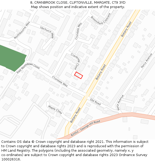 8, CRANBROOK CLOSE, CLIFTONVILLE, MARGATE, CT9 3YD: Location map and indicative extent of plot