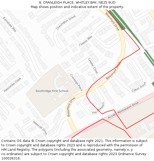 8, CRANLEIGH PLACE, WHITLEY BAY, NE25 9UD: Location map and indicative extent of plot