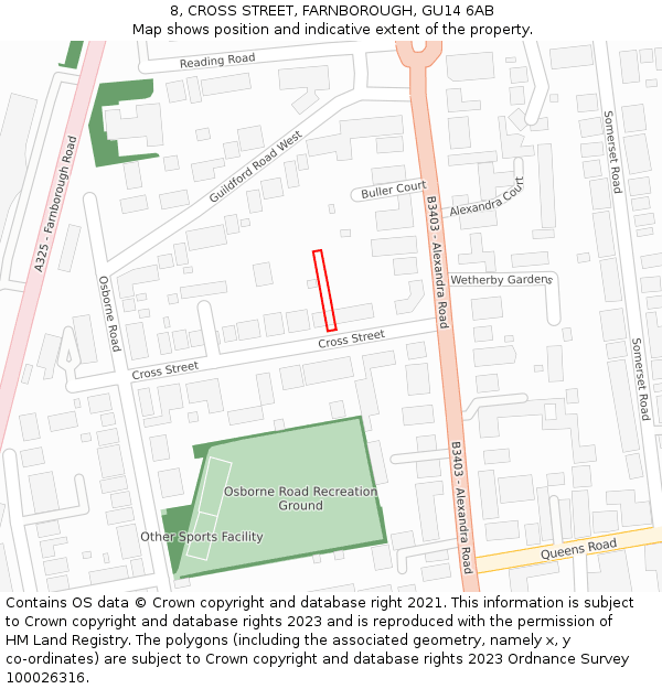 8, CROSS STREET, FARNBOROUGH, GU14 6AB: Location map and indicative extent of plot