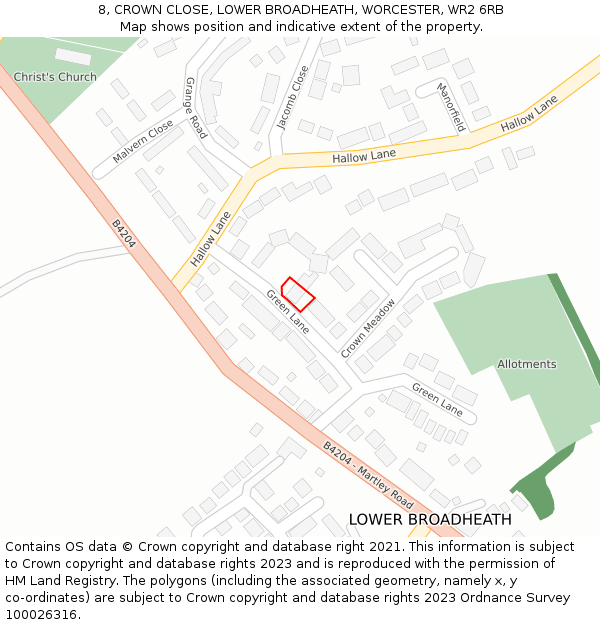 8, CROWN CLOSE, LOWER BROADHEATH, WORCESTER, WR2 6RB: Location map and indicative extent of plot