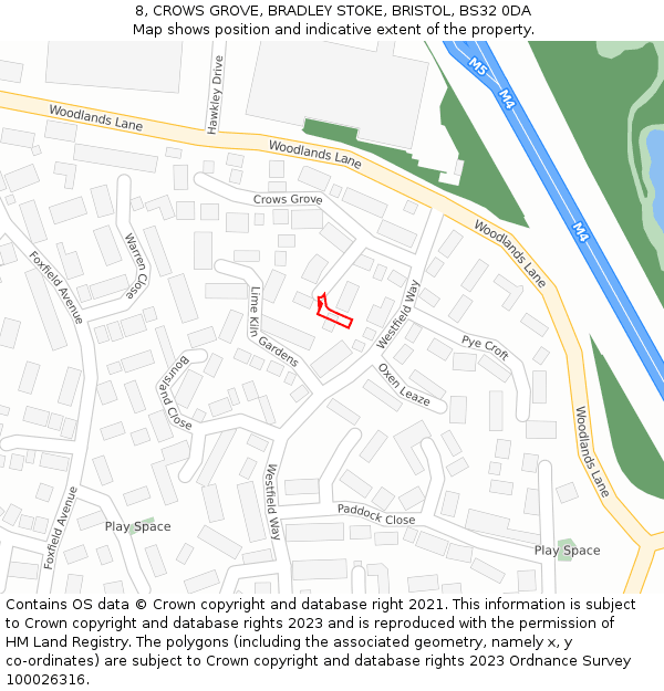 8, CROWS GROVE, BRADLEY STOKE, BRISTOL, BS32 0DA: Location map and indicative extent of plot