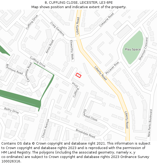8, CUFFLING CLOSE, LEICESTER, LE3 6PE: Location map and indicative extent of plot