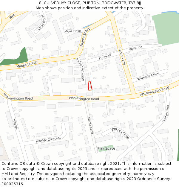 8, CULVERHAY CLOSE, PURITON, BRIDGWATER, TA7 8JJ: Location map and indicative extent of plot