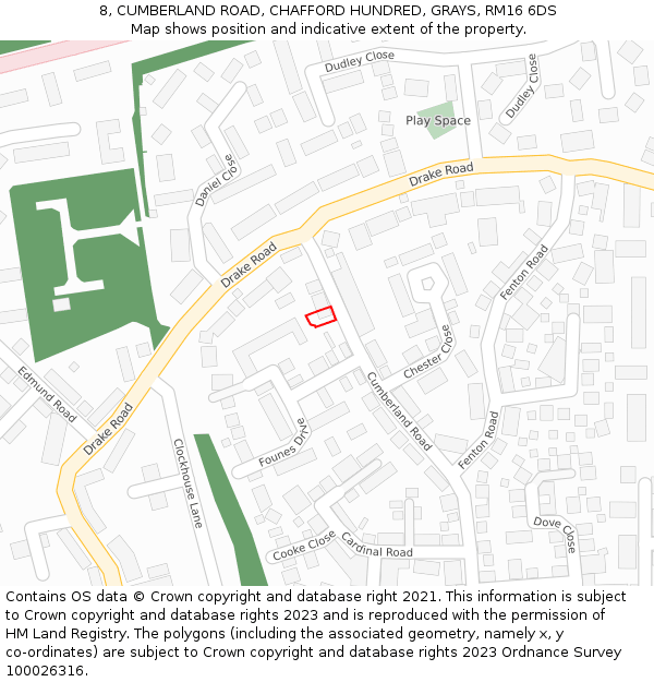 8, CUMBERLAND ROAD, CHAFFORD HUNDRED, GRAYS, RM16 6DS: Location map and indicative extent of plot