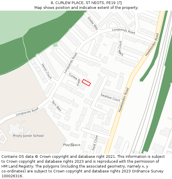 8, CURLEW PLACE, ST NEOTS, PE19 1TJ: Location map and indicative extent of plot