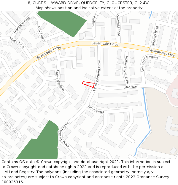 8, CURTIS HAYWARD DRIVE, QUEDGELEY, GLOUCESTER, GL2 4WL: Location map and indicative extent of plot