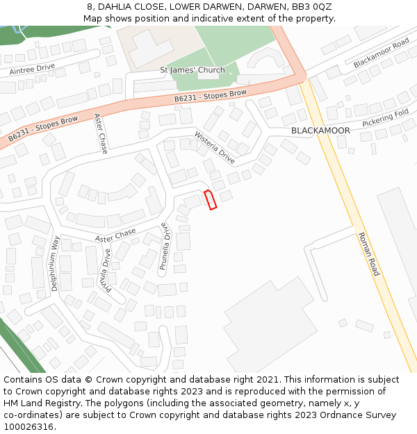 8, DAHLIA CLOSE, LOWER DARWEN, DARWEN, BB3 0QZ: Location map and indicative extent of plot