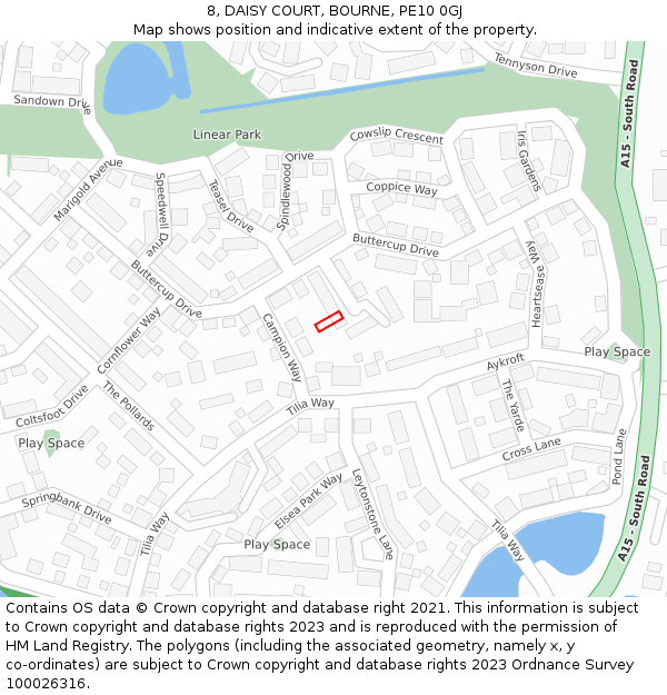 8, DAISY COURT, BOURNE, PE10 0GJ: Location map and indicative extent of plot